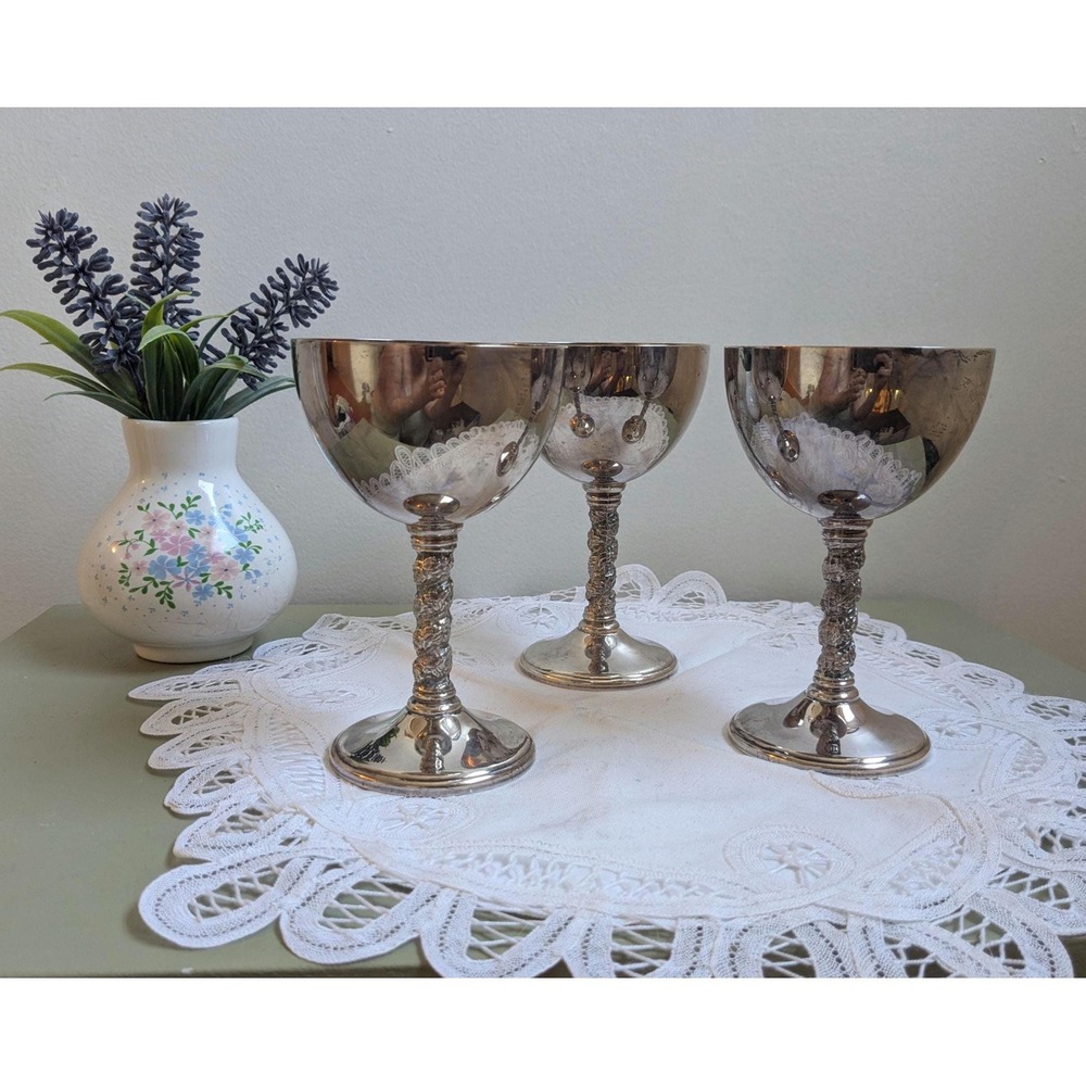Vintage Silver Plate Goblets Set of 3 | Mid Century Barware